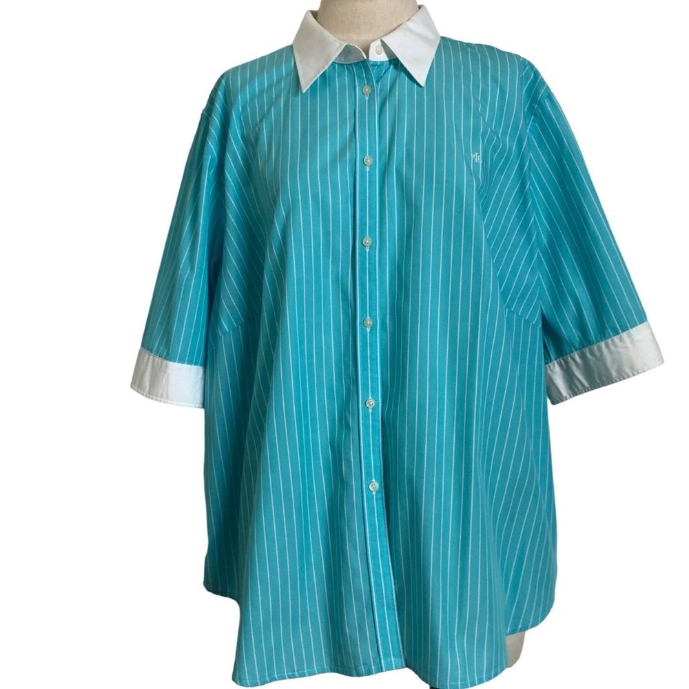Lauren Ralph Lauren Womens Light Blue with White Striped Cotton 3/4 Sleeve Blous